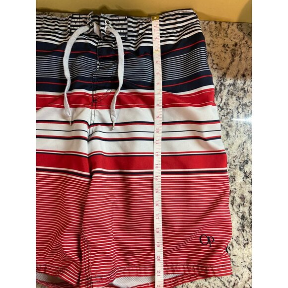 Op Mens Striped Swim Board Shorts L Red White Blue Drawstring Side Pocket Y2K - Picture 6 of 7